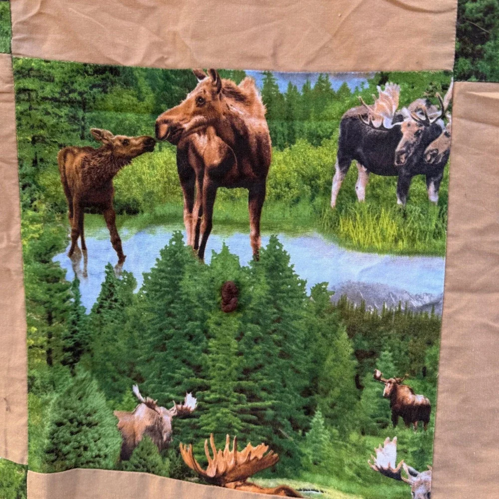 Handmade Vintage Moose Patchwork Quilt Blanket Brown Green Rustic Cabin Lodge